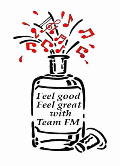 A stylized black and white bottle with a cork beside it, and musical notes in red bursting out of the bottle’s top, symbolizing energy and music. The text inside the bottle reads: "Feel good, feel great with Team-FM.